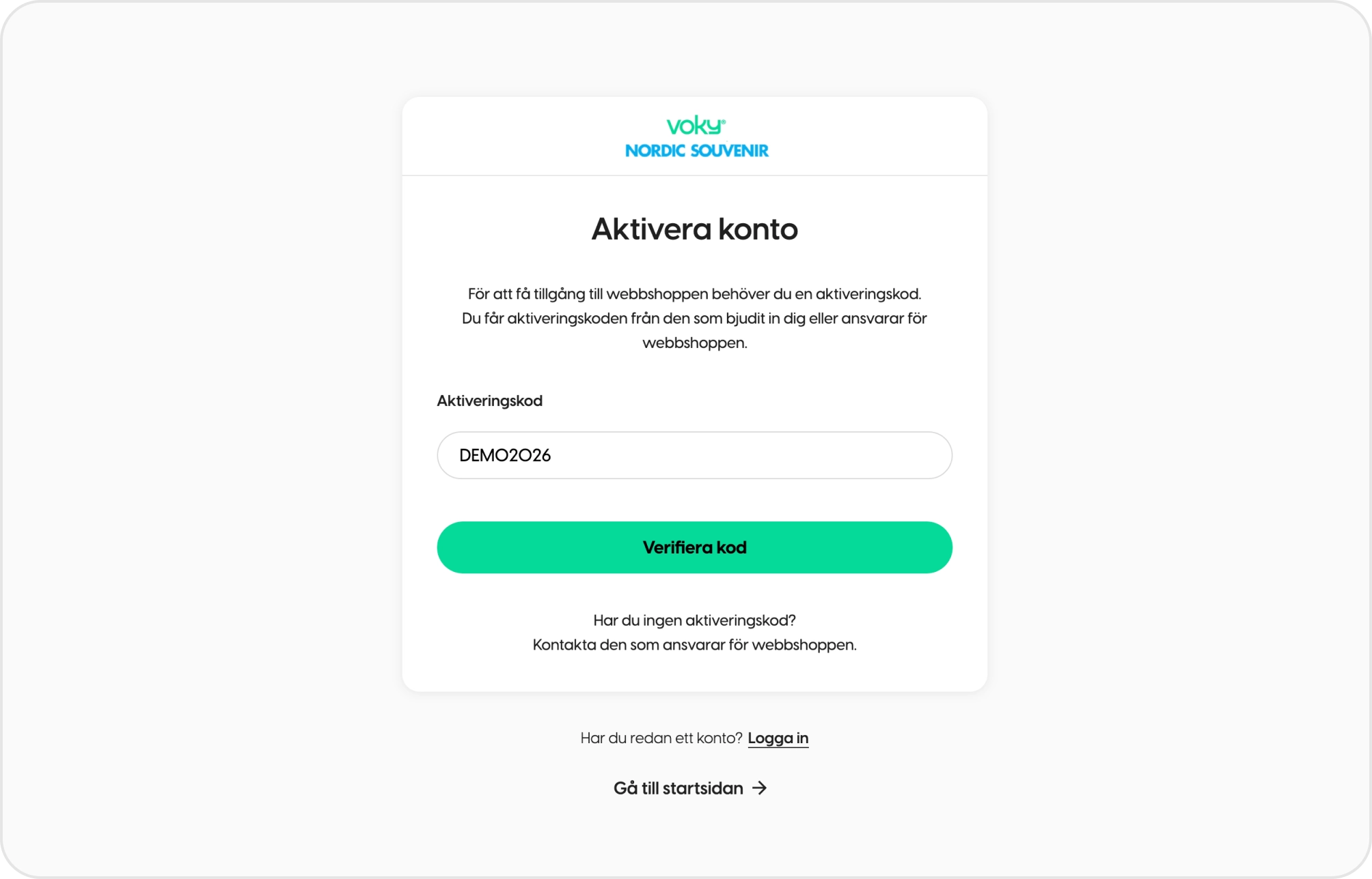 Aktivera konto-sidan i en webbshop där en ny beställare fyller i sin aktiveringskod.