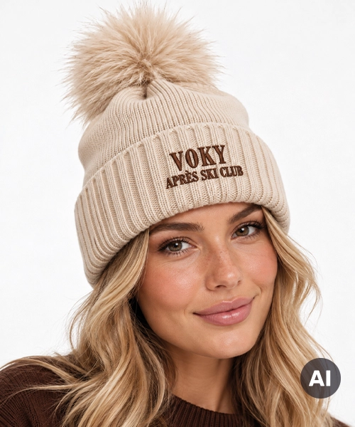 Kvinna med en beige m&ouml;ssa i studiomilj&ouml;.